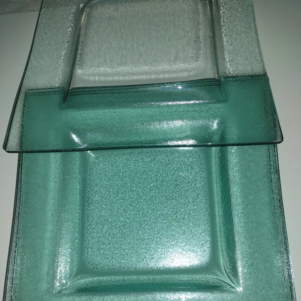 Dansk squared dinner, luncheon, salad plates, Icy Teal glass, 17 plates total.